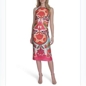 VINCE CAMUTO Sleeveless Abstract Colorful Midi Sheath Dress